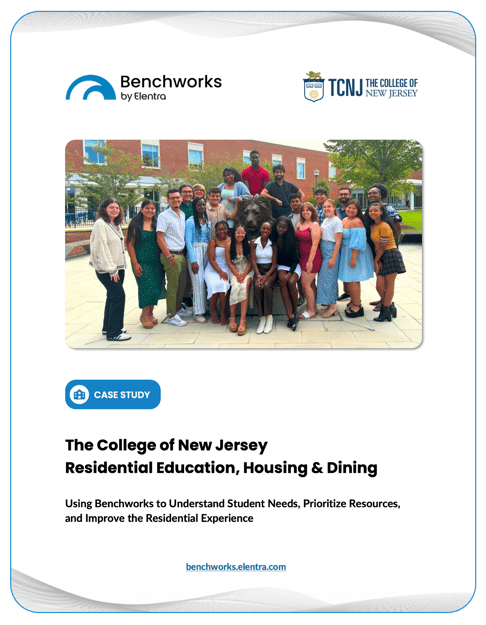 Benchworks case study cover for The College of New Jersey Residential Education, Housing & Dining, featuring students gathered near a campus statue. Benchworks case study cover for The College of New Jersey Residential Education, Housing & Dining, featuring students gathered near a campus statue.